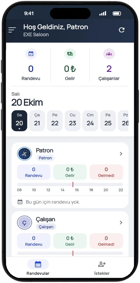 EXE Berber günlük randevu ve gelir paneli